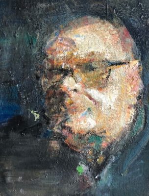 Pastoor (zelfportret in beweging), 40 x 30, olieverf op linnendoek, 2020